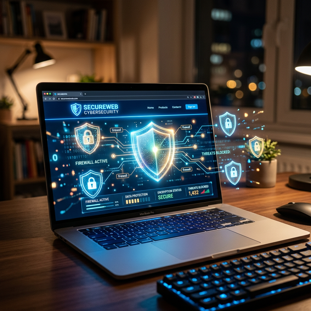 Laptop screen showing active firewall status and cybersecurity data protection metrics