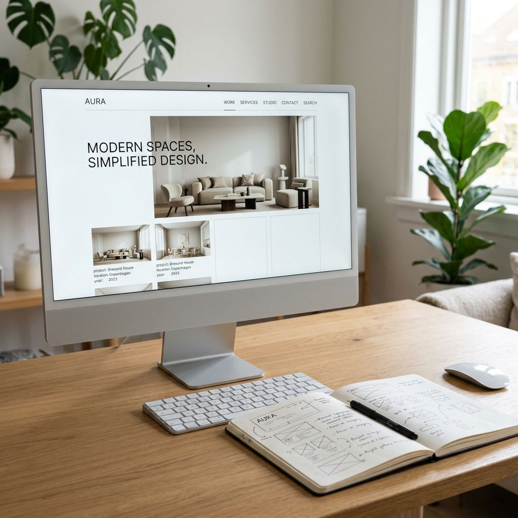 Computer screen showing interior design website with modern living room images and text 'Modern Spaces, Simplified Design'